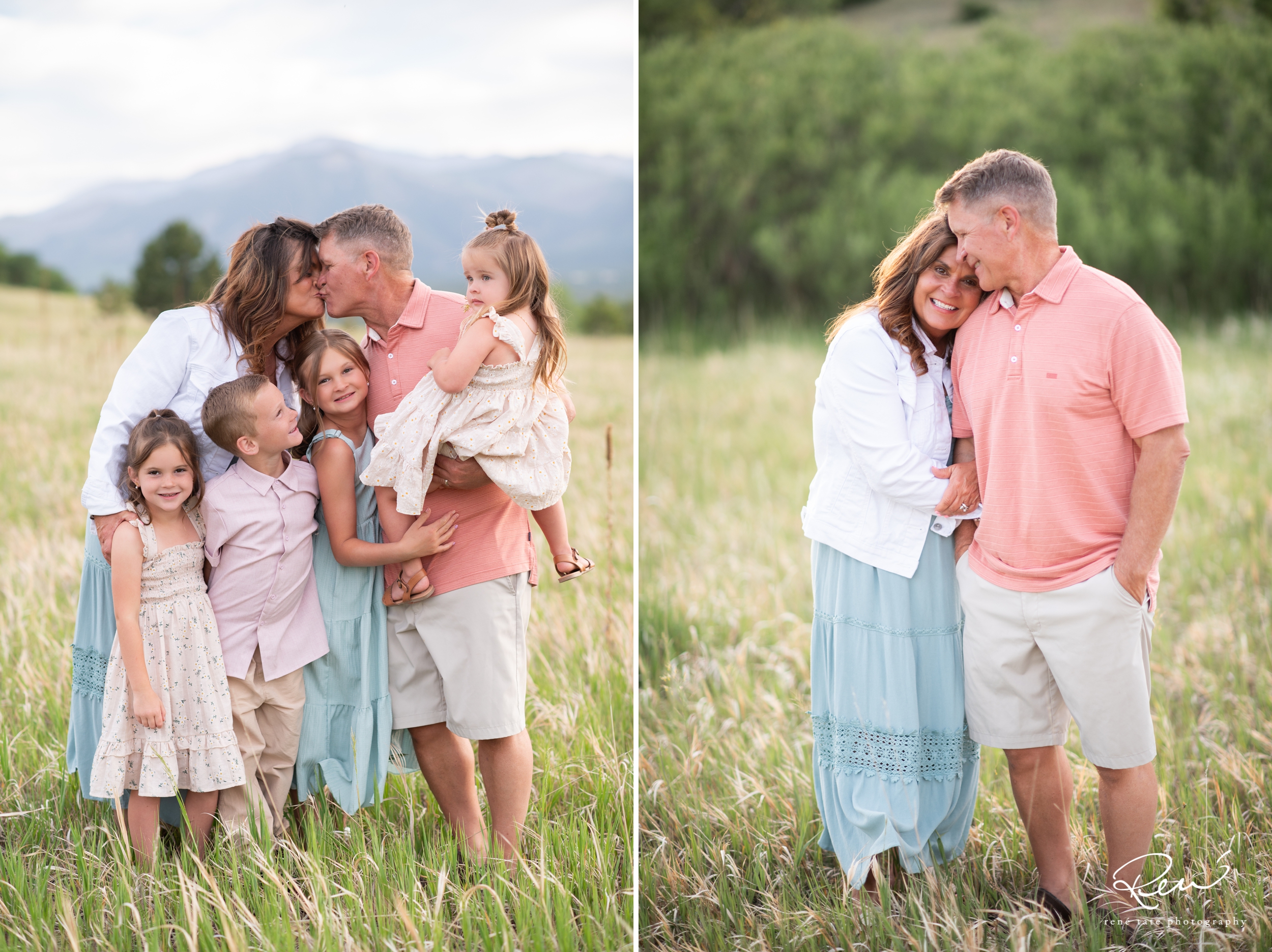 Grandparents smiling with their grandchildren during a golden hour family photo session in Colorado Springs.