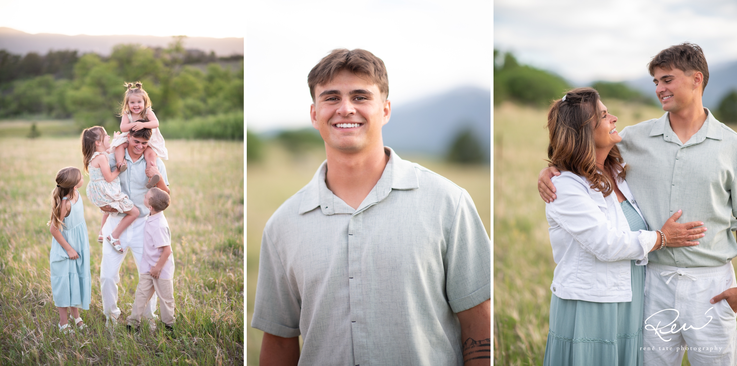 Adult siblings laughing together during a family portrait session celebrating their mother's 60th birthday.