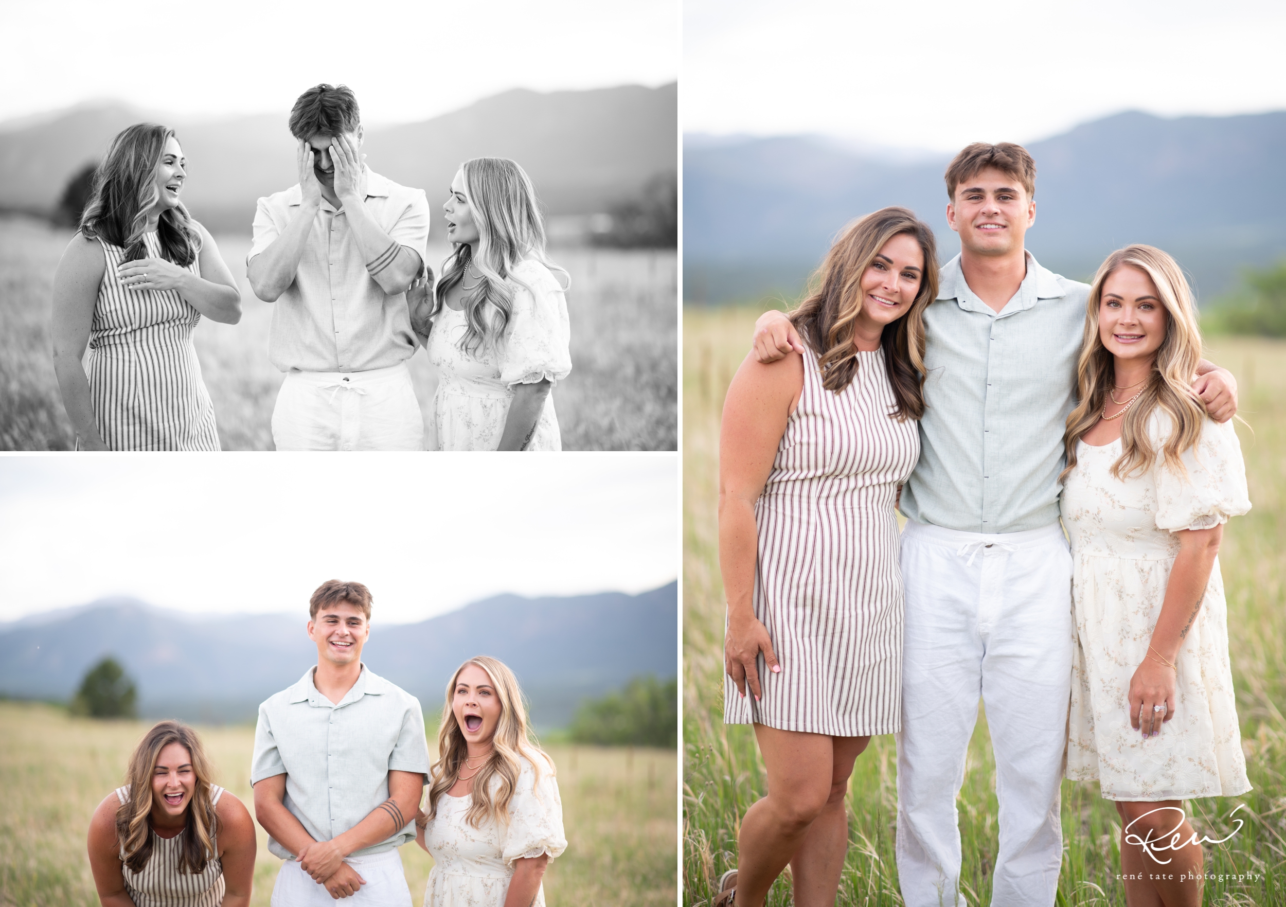 Adult siblings laughing together during a family portrait session celebrating their mother's 60th birthday.