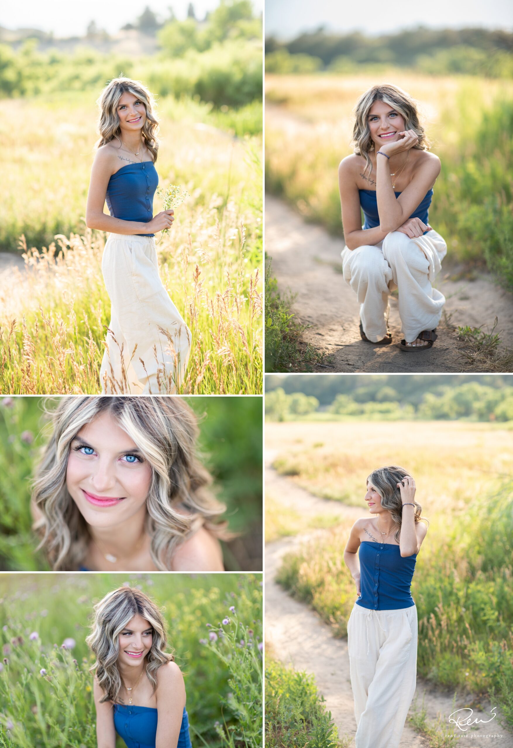 High school senior girl poses for the camera in an open field of flowers with mountains in the background in Colorado Springsds 