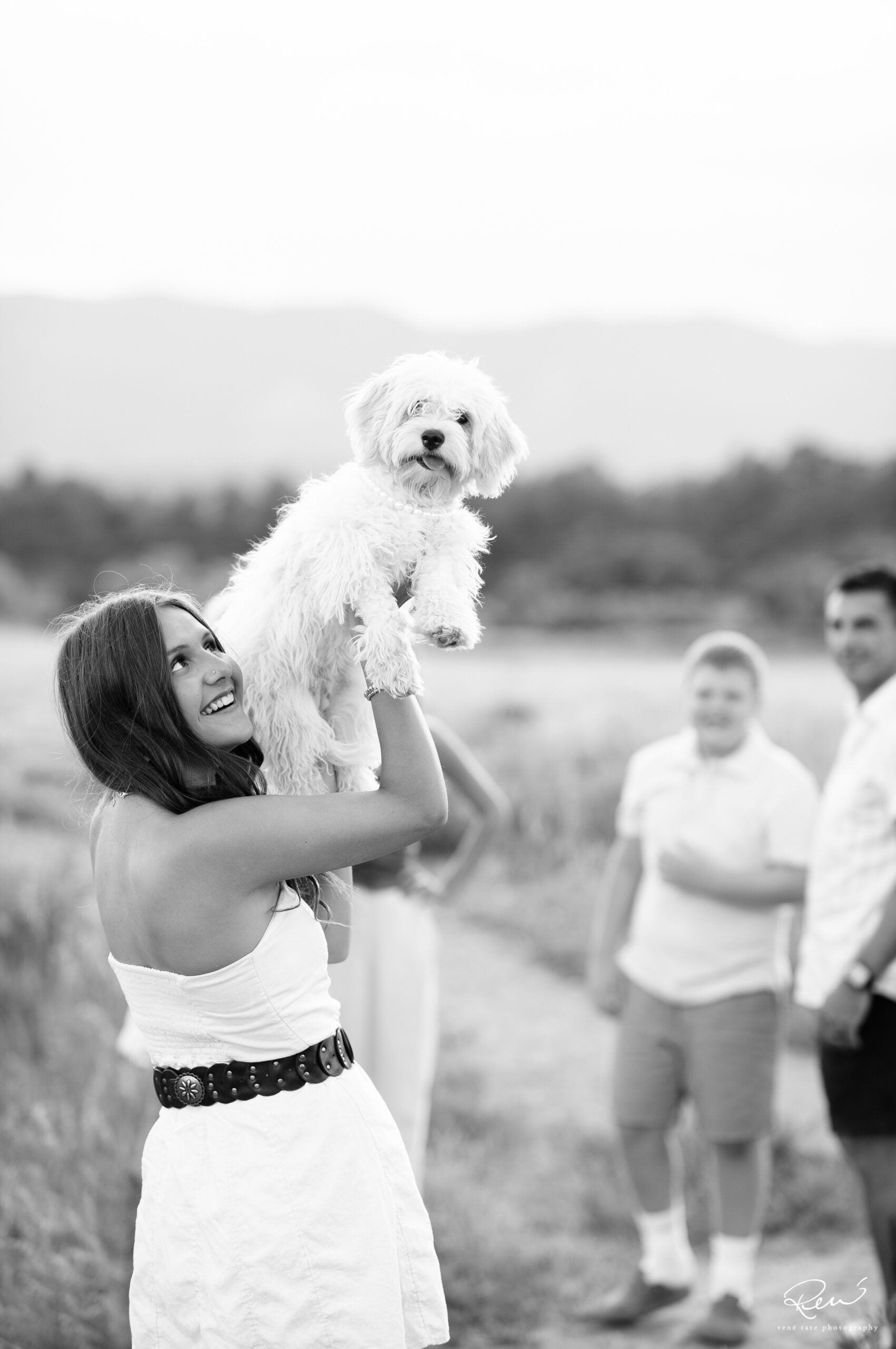 a family of five stand together in an open field of golden grass with their family dog and mountains in the background in Colorado Springs CO