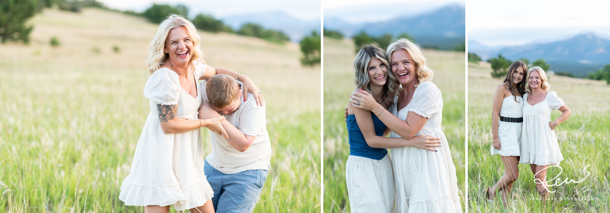 Family of five with two teenage daughters and a preteen son and their family dog, standing in an open field with a mountain background in Colorado Springs at sunset 